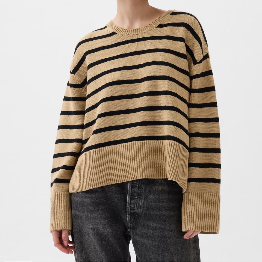 Split-Hem Shrunken Striped Sweater, 100% Cotton